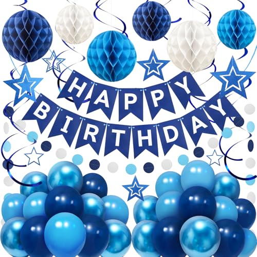 ZERODECO Decoração para festas de aniversário - bandeira feliz aniversário azul fácil de montar com bola de favo, balão, bandeiras em espiral e grinalda - decorações para mulheres, homens