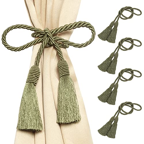 Image of 4 Pack Curtain Tiebacks Handmade Decorative Curtain Holdbacks Rope with Tassel - Green