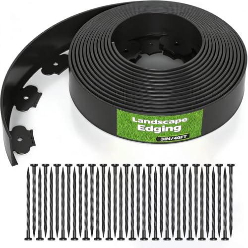 40 FT Landscape Edging Kit with 36 Spikes - 3 Inch High Flexible Plastic Garden Border - No-Dig Lawn Edging for Flower Beds Pathways and Yards - Durable Black Landscape Border (3in x 40FT)