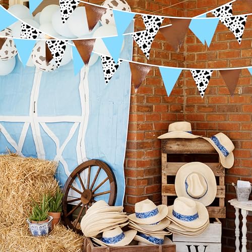 Image of 32Ft Cow Party Decorations Western Cowboys Triangle Flag Fabric Banner Pennant Garland Streamer for Western First Rodeo Birthday Baby Shower Country Farm Cow Wild West Bandana Party Decor Supplies