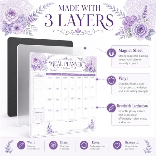 Image of Zesta Vinyl Magnetic Planner for Fridge | Cute Weekly Planner /Meal Planner with Marker | Rewritable Magnetic White Board for Fridge (Harry Potter 11X11 Inches) (Floral Lavenda)