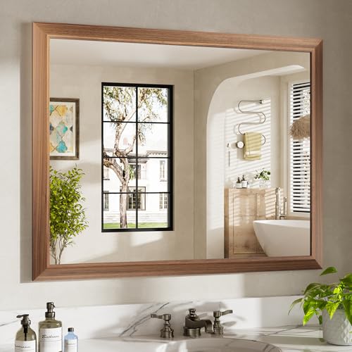 Image of 40x32 Inch Bathroom Mirror for Wall, Anti-Rust Walnut Wood Grain Metal Framed Bathroom Mirrors for Over Sink,Rectangler Mirrors for Bathroom Vanity, Farmhouse, Bedroom, Living Room, Entryway Decor