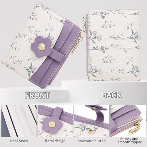 Image of Farcauo Small Floral Womens Wallet Cute Wallets for Women Thin Purple Women's Wallet Kawaii Flower Card Wallets for Women Ladies