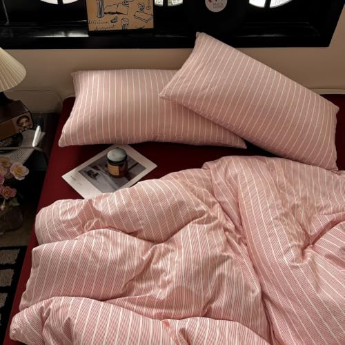Image of Striped Duvet Cover Set Twin Size Red White Stripes Bedding Set