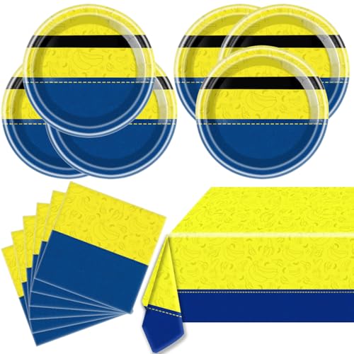 Festa de aniversário de desenhos animados amarelos para louça Minionss, 20 pratos e 20 guardanapos e toalhas de mesa de 70 x 42 polegadas, suprimentos de festa de aniversário de olhos grandes com