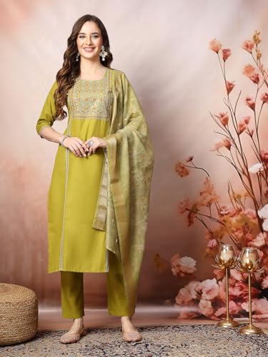 Image of Stylum Women's Embroidered Cotton Blend Straight Kurta Pant with Dupatta
