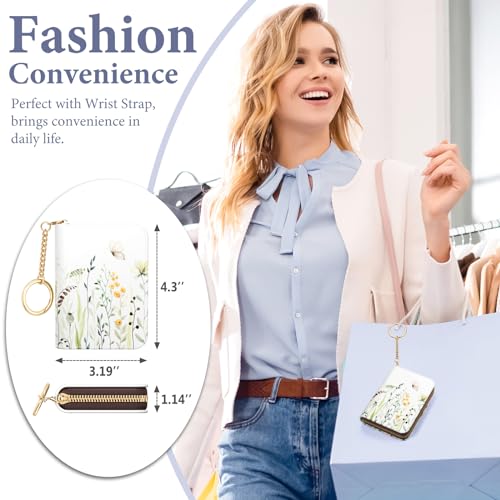 Image of Credit Card Holder RFID Wallet for Women, Small Leather Card Organizer Case with Zipper and Keychain, Weeds