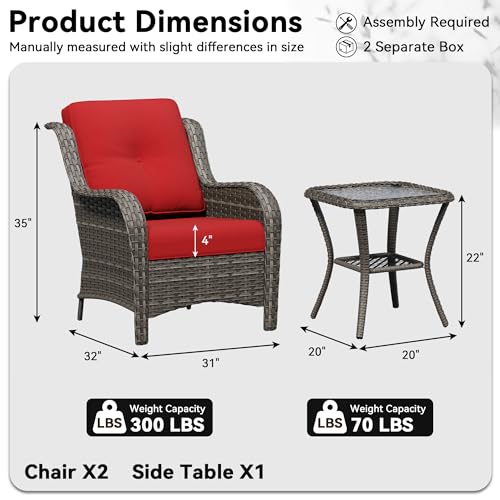 Image of 3 Pieces Outdoor Wicker Patio Furniture Set - Patio Chairs Set with Thickened Olefin Cushions, High Back and Deep Seating, Curved Armrest, PE Rattan for Porch, Deck, Balcony,Red