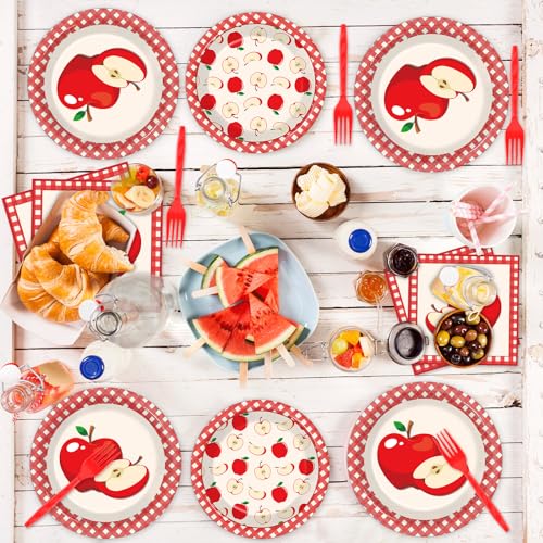 Image of Qyeahkj 100 Pcs Apple Party Supplies Back to School Plates and Napkins Fruit Themed Decorations Apple Birthday Tableware Set Disposable Dinnerware Decor Serves 25 Guests