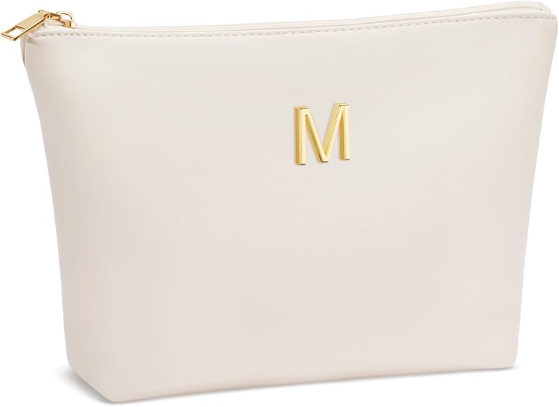 Necessaire de maquiagem CLOUDWINGS M em couro sintético PU bege com inicial metálica
