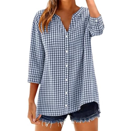 LOMON Womens 3/4 Length Sleeve Tops Cotton Gingham Stripe Button Down Shirt