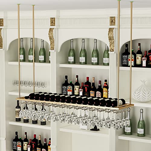 Estante dorado para colgar copas de vino y botellas, estante de vino montado en el techo con copas de champán, soporte para exhibición de copas de champán y estantes de cocina para decoración del