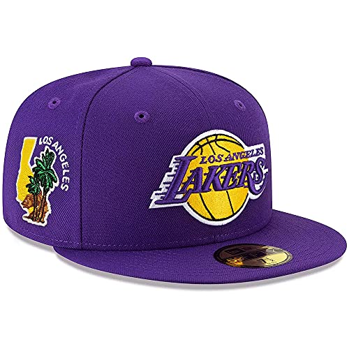 New Era LA Los Angeles Lakers 59FIFTY California State Palm Fitted Cap, Purple Hat (7 7 8)
