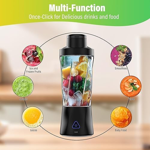 Image of Portable Blender Electric Juicer USB Rechargeable Fruit Mixers Mini Personal Smoothie Maker 6 Blades 3 Gears Ideal for smoothies, protein shakes, fresh juices, sauces -1500mAh Battery (BLACK)