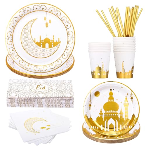 GWHOLE 96 Stück Ramadan Eid Mubarak Partygeschirr Ramadan Geschirr Ramadan Festival Thema Geschirr Party Set Eid Mubarak Dekoration Eid Partydeko Partygeschirr Ramadan Mubarak Tischdekorationen