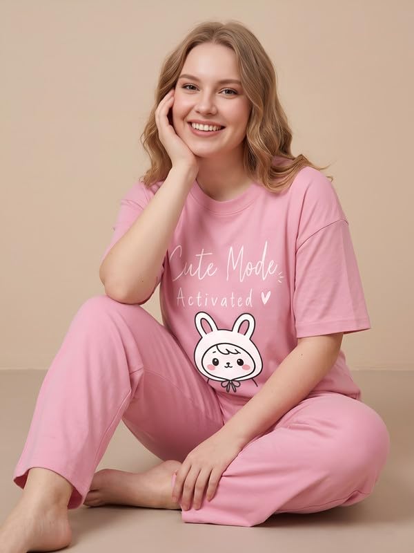 Image of My Swag Womens Nightsuit Set | Cute Bunny Graphic Print T-Shirt & Pajama | Soft Breathable Sleepwear and Loungewear Co-Ord Set for Women
