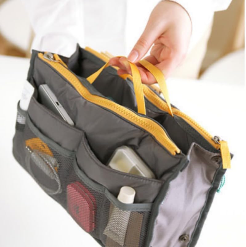 Hand-Held Double Zipper Makeup Organizer with Mesh Pockets Bag-In-Bag Purse Insert for Travel Toiletries Makeup Inner Liner, Grey