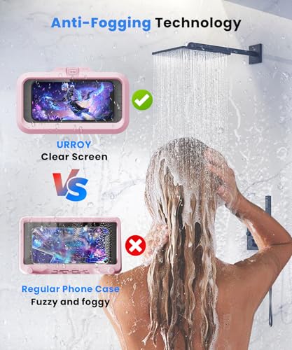 Image of URROY Shower Phone Holder Waterproof One-Touch Open Shower Phone Case Anti-Fog & Sensitive Touchscreen Bathroom Wall Phone Mount Stand Universal Fit for iPhone & Smartphones Gift for Men Women Pink