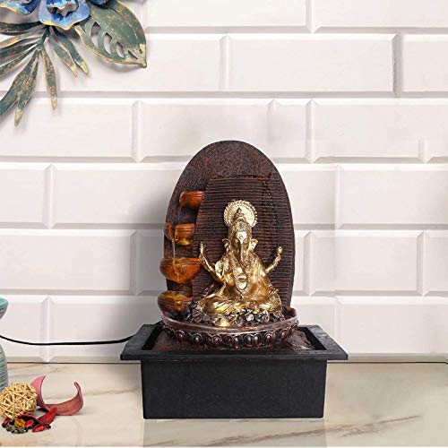 CHRONIKLE Polyresin Golden Brown Ganesha Idol Table Top Indoor 4 Round Steps Waterfall Fountain for Home Decor with Speed Controller Pump & Yellow LED (Size: 39 x 29.5 x 22CM | Weight: 2215Gram)-image-45