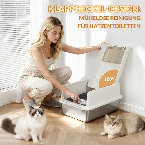 Fobyfurny Katzenklo Edelstahl, XXL Katzentoilette, 60x40x38,5cm, Cremegrau – Ansicht 2