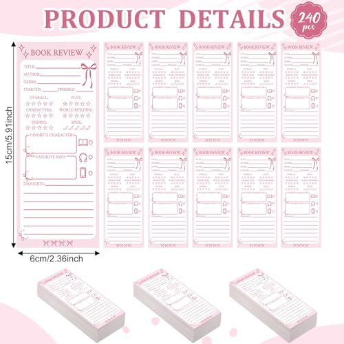 240 Pcs Colorful Book Review Bookmarks Back to School Teacher Gifts Reading Log Markers Bookclub Gifts for Book Lovers Bookish Bookworm Women Students to Review and Tracker(Bow,Pink) - Image 3