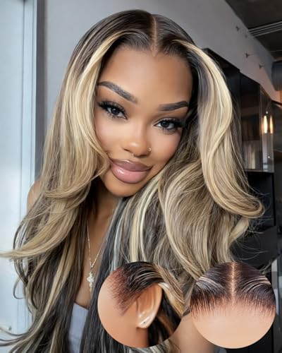 Megalook hair 13x6 HD Lace Front Wig Human Hair 220% Density Glueless Ombre Platinum Blonde Balayage Highlight Body Wave Wig Pre Plucked Pre Cut Pre Bleached Knots 12A Drawstring Wig 24 Inch