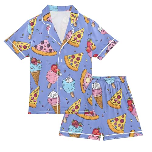 ALAZA Ice Cream Pizza Strawberry Pajamas Satin Pajama Set Short Sleeve Button Down Sleepwear