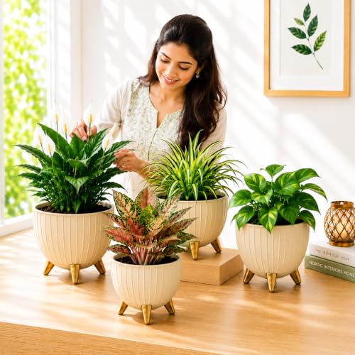 Image of (7 Inch) Plastic Flower Pot for Indoor Outdoor Plants with Stand, Decorative Ribbed Planter Pot with Legs, Round Gamala for Living Room, Pot for Office Table (Brown,1)