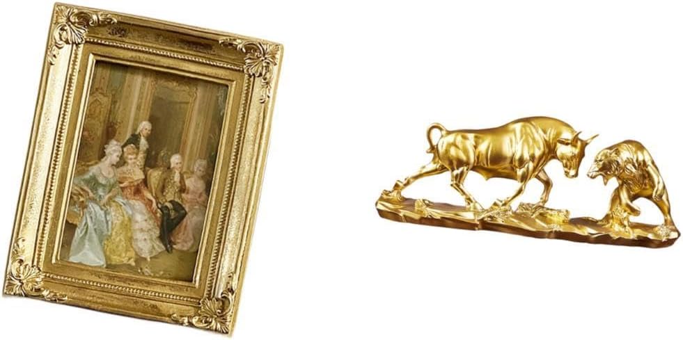 Resin Photo Frame Card Display Holder Poster Glass Front Picture Frame with Bull Figurine Feng Shui Bear and Bull Statue Modern Artwork Chinese Cow Ca