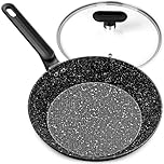 MICHELANGELO Frying Pan with Lid 30cm, Non Stick Pan with Nonstick Stone Coating, Healthy & Non-Toxic Granite Coating, Stone Fry Pan for Induction, Black