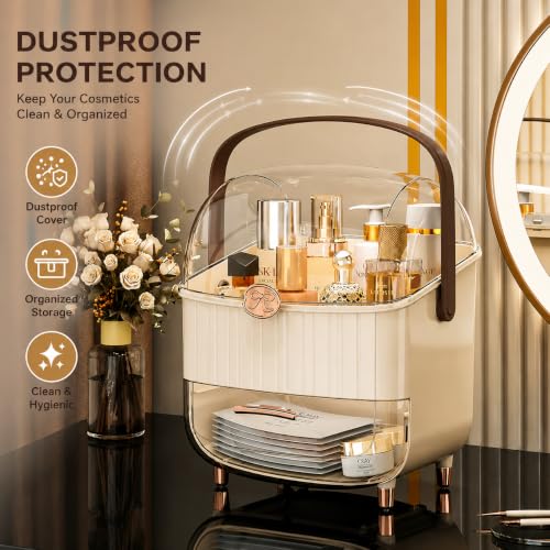 Image of Dravizon Dustproof Cosmetic Storage Box, Cosmetics Skincare Jewelry Lipstick Organizer, Multi-Function Make Up Case, Cosmetics Storage Box, Makeup Organizer with Lid (White) (Cream)