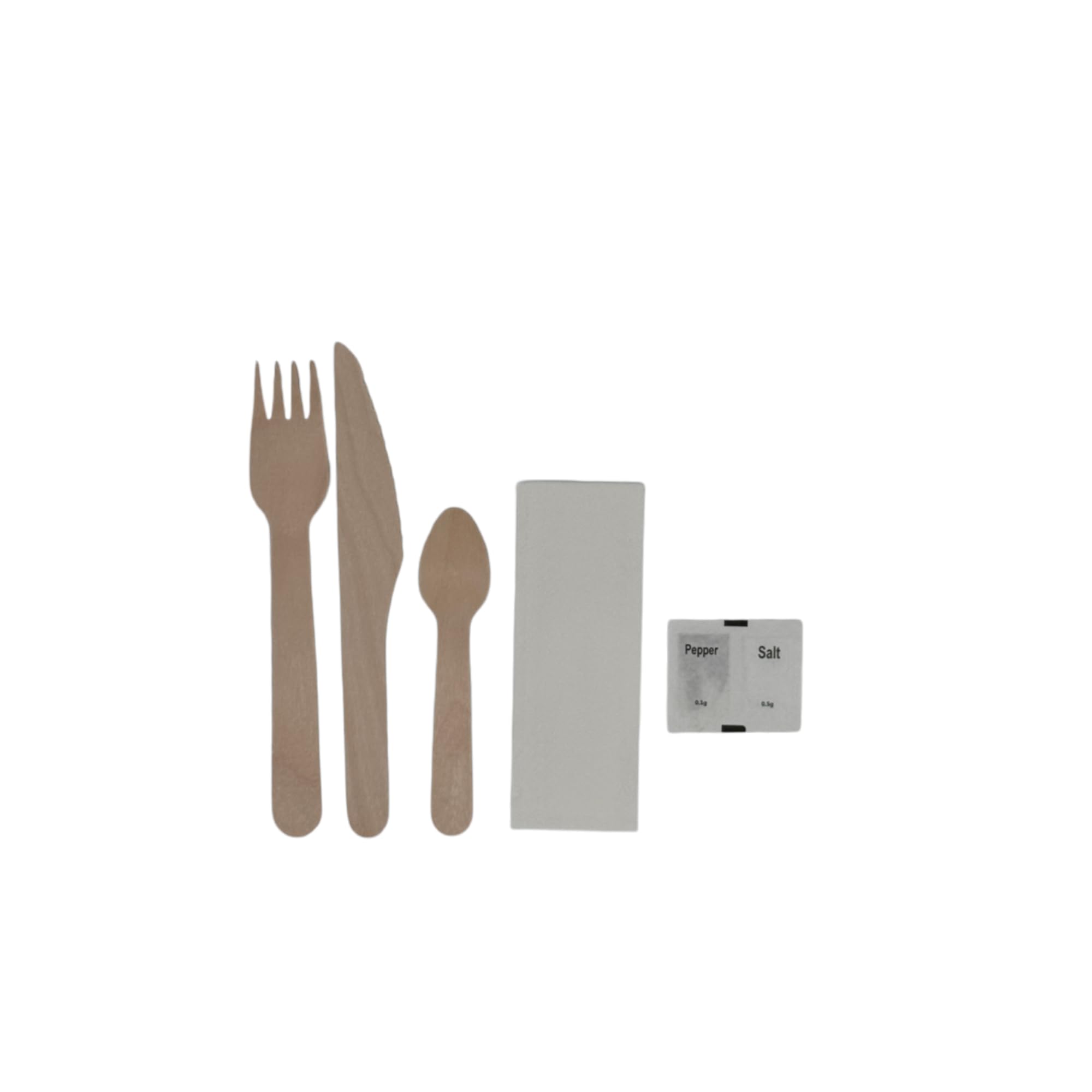 250 kits de couverts en bois 6 en 1 – Fourchette 16 cm + couteau 16 cm + cuillère à dessert + sel + poivre + serviette 1 pli
