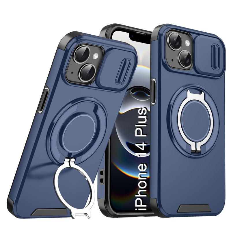 Image of LuxuryKase Shockproof Rugged Case for iPhone 14 Plus | Slide Camera Cover | 360 Rotating Ring Kickstand | Military-Grade Protection - Navy Blue