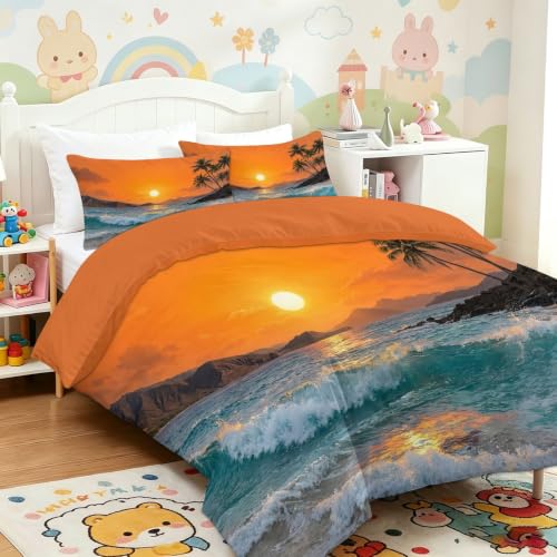 Housse de couette microfibre orange avec motif vagues et palmier