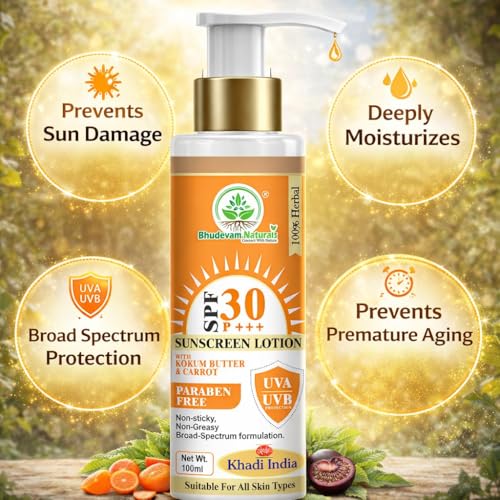 Image of Khadi SPF 30 Sunscreen Lotion with Kokum Butter & Carrot | Broad Spectrum UVA & UVB Protection | Herbal Sunblock for Face & Body | Non-Greasy & Moisturizing Formula - 100ML