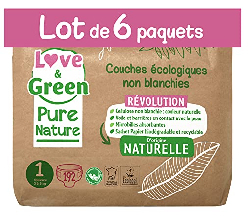 Love & Green Pure Nature - Pañales ecológicos sin blanquear T1 (2 – 5 kg)