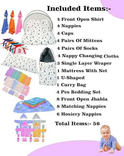 Image of Toddylon 56 in 1 New Born Baby Products All Baby Bedding Set | Baby Clothes | Gift Packs | Hospital Kit | Essentials Items | Infants Combo (0-6 Months)
