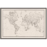Kate and Laurel Framed Fabric Pinboard 37 x 25, Vintage Black and White Linen World Map Printed Linen Modern Bulletin Board for Use as a Vision Board or Wall Organization, Theo Black Silver Narrow