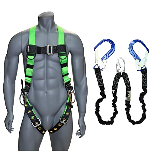 AFP Universal Full-Body Safety Harness with 3 D-Rings, Tongue Buckle Legs High-Viz Green, Shock Absorbing Lanyard Aluminum Pelican Rebar, Steel Snap Hook (OSHA/ANSI) (Double Leg Lanyard w/Rebar Hooks)