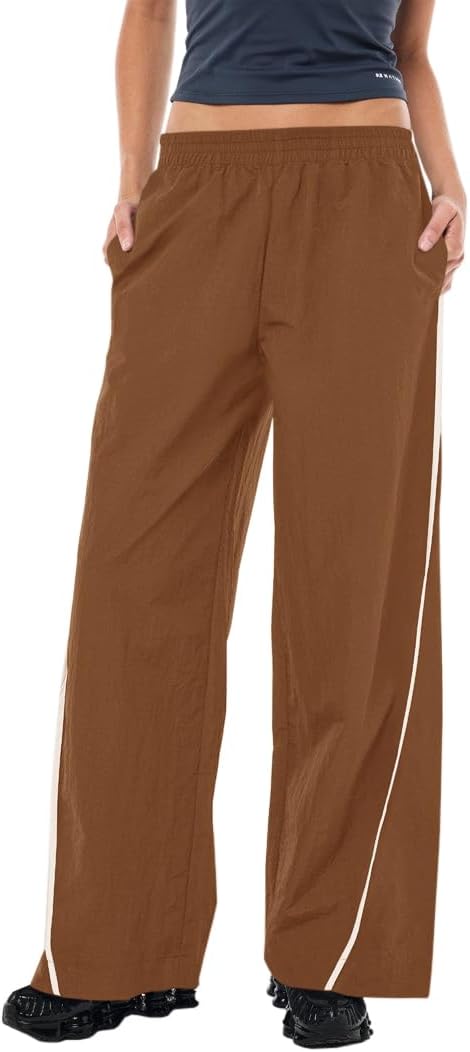 Women's Wide Leg Track Pants Casual Contrast Color Elastic Waist Workout Y2K Baggy Parachute Sweatpants