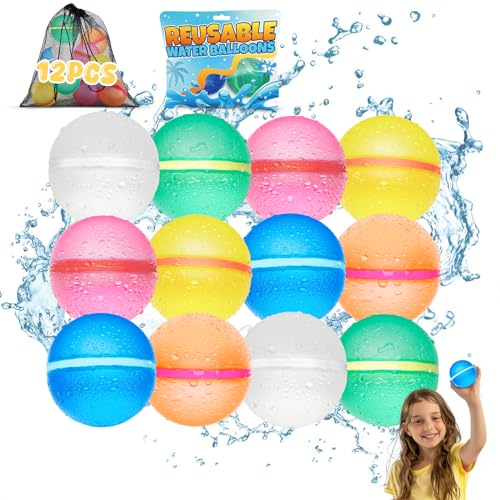 Reusable Water Balloons for Kids - Summer Pool Beach Water Toys for Boys and Girls, Water Balloons Quick Fill Splash Balls Bomb Party Supplies Outdoor Activities with Mesh Bag (12 pcs)