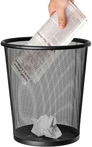 Pkge Metal Circular Bin Wastebasket Mesh Waste Rubbish Paper Trash Can Garbage Bucket For Bedroom, Bathroom, Home Offices (Black) -27cm x 23.5cm x 23.5cm