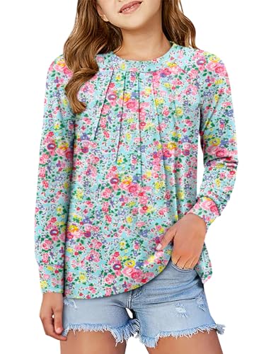 storeofbaby Girls Long Sleeve Shirts Casual Front Pleats Tops Round Neck Blouses 4-14 Years