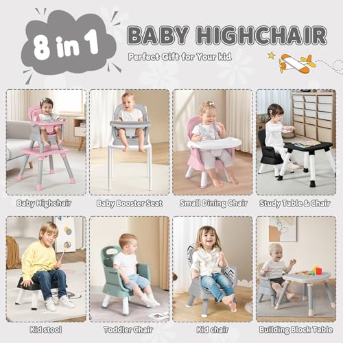 Kinder King 8 in 1 Baby High Chair, Coverts to Dining Booster Seat/Kids Table & Chair Set/Toddler Building Block Table/Kids Stool, Removable Tray & Double Seat Cover, Easy to Wipe, Grey & Black - Thumbnail 2