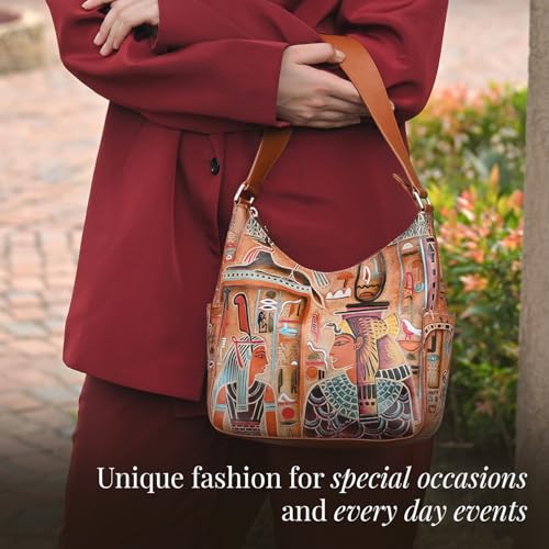 Image of Anuschka Women's Leather Hobo Bag - Hand-Painted Genuine Leather Handbag with Side Pockets for Everyday Use - 382