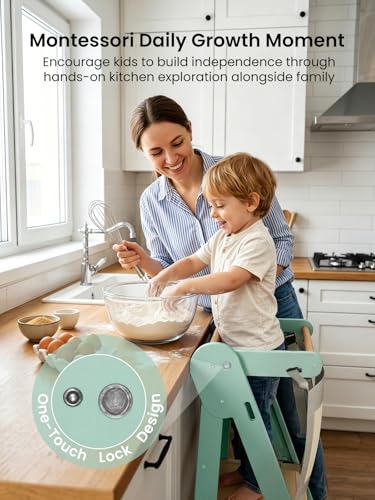 Image of Grownsy Foldable Step Stool Toddler Tower, Toddler Kitchen Stool Helper, Collapsible Kids Standing Tower with 3 Adjustable Heights and Safety Net for Kitchen Bathroom Sink Counter (Green)