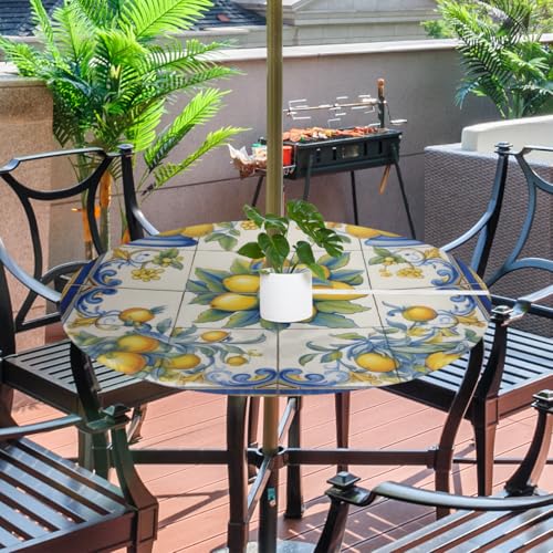 Gumuslen Lemon Fruit Round Outdoor Tablecloth with Umbrella Hole Zipper Elastic Fitted Table Cloth Washable Waterproof Table Cover for Patio Picnic Party 45