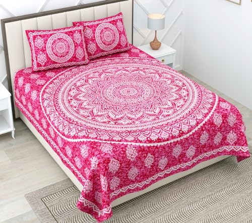 Image of RajasthaniKart 144 TC Pure 100% Cotton Double Bed Sheet with 2 Pillow Covers (Bedsheet for Double Bed Cotton, Pink Star Jaipuri, King Size,5297)