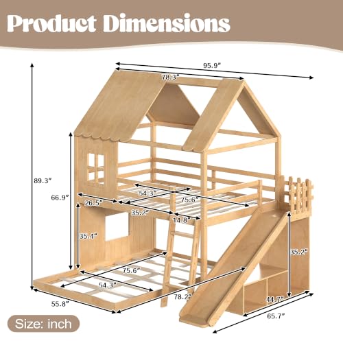 Image of Bellemave Bunk beds Full Over Full with Slide,Ladders,Bookshelf and Wardrobe House roof Design, Low bunk /loft Bed for Kids, Natural