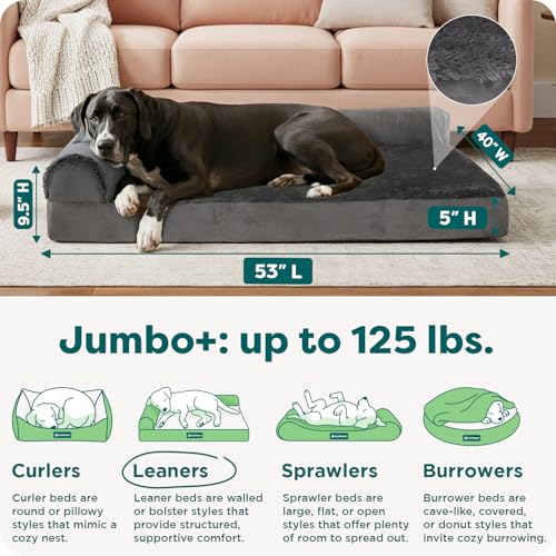 Furhaven Orthopedic Dog Bed for Large Dogs w/ Removable Bolsters & Washable Cover, For Dogs Up to 125 lbs - Plush & Velvet L Shaped Chaise - Platinum Gray, Jumbo Plus/XXL